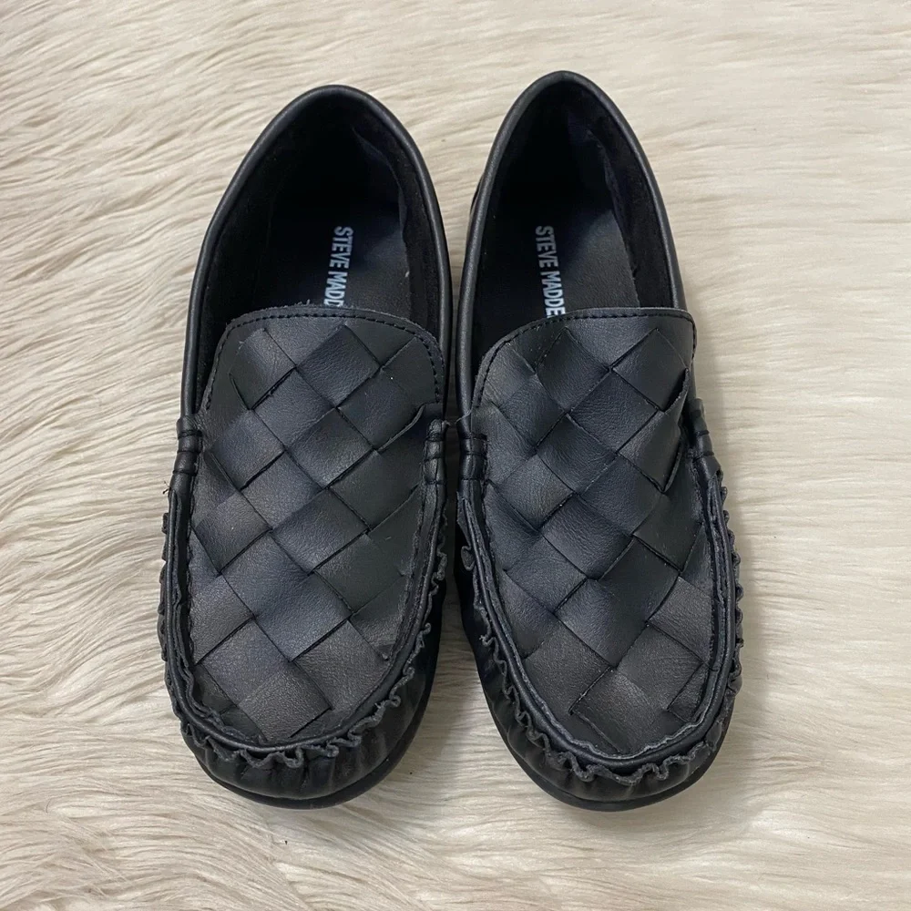 Steve Madden Kids Boys Black Woven Leather Driving Loafers